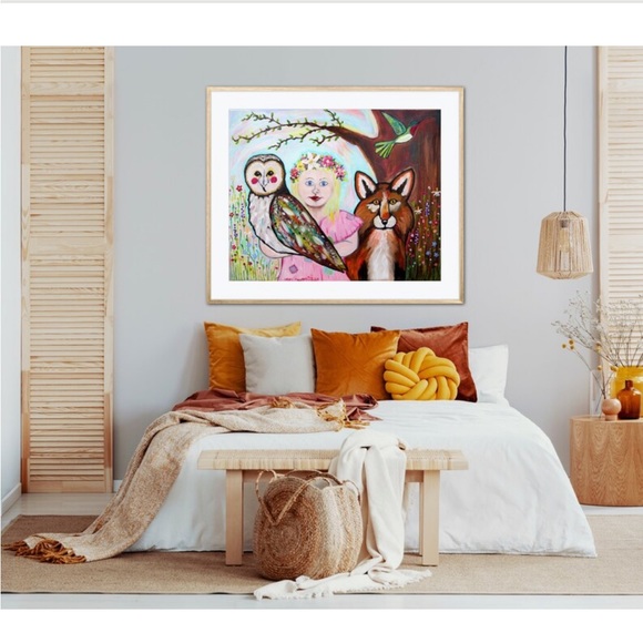 Blossom Fox Owl Art Print Oil Painting Flowers Child Portrait Whimsical Decor - Picture 3 of 9